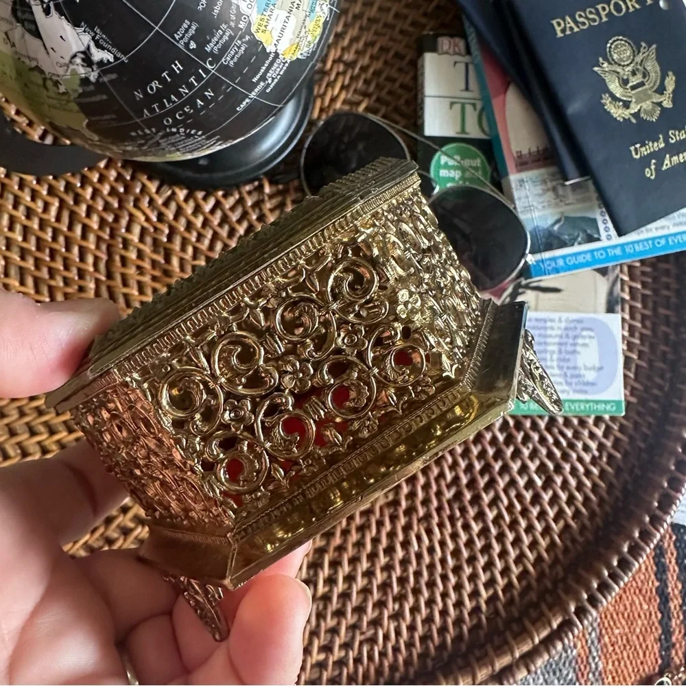 Vintage Metal Hexagon Jewelry Trinket Box with Beveled Glass Lid, 4